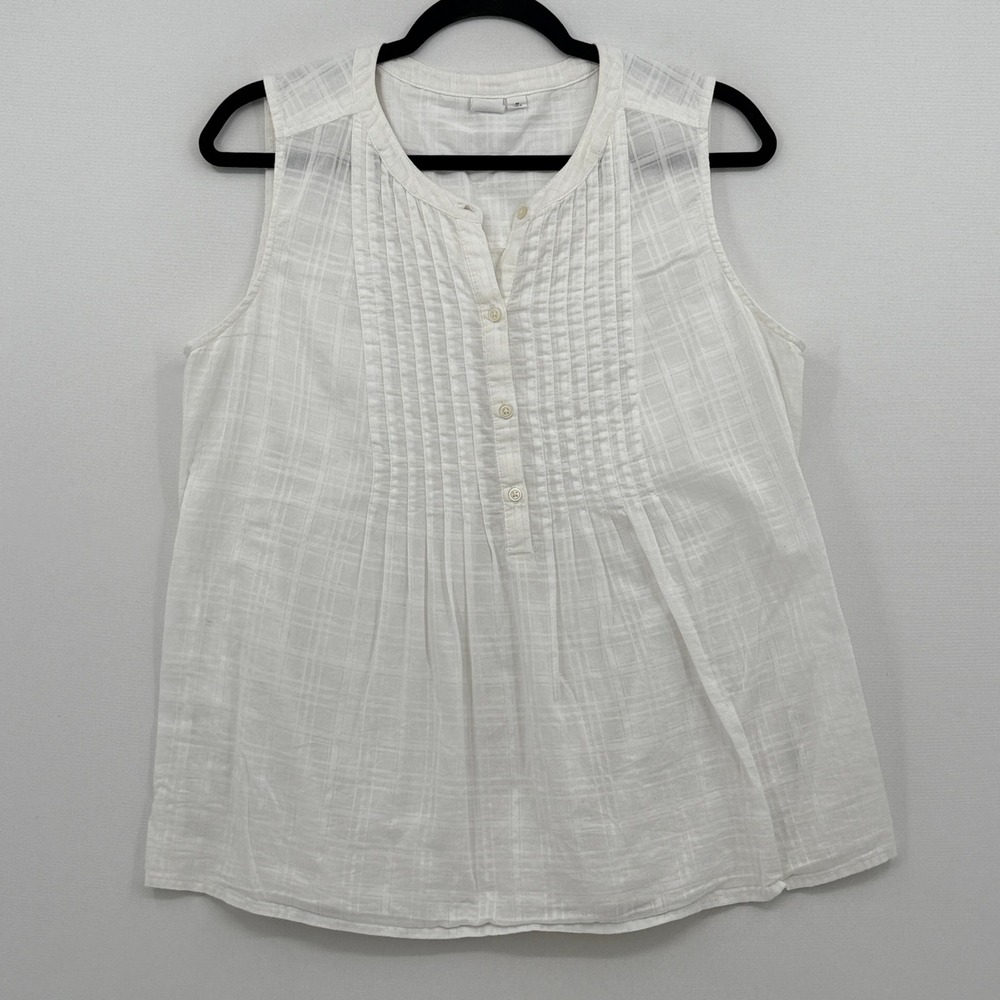 Gap Sleeveless Blouse Womens Medium White Pintuck Plaid Cottagecore Coastal